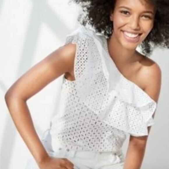 J. Crew White Eyelet One-Shoulder Ruffle Blouse - Picture 2 of 5